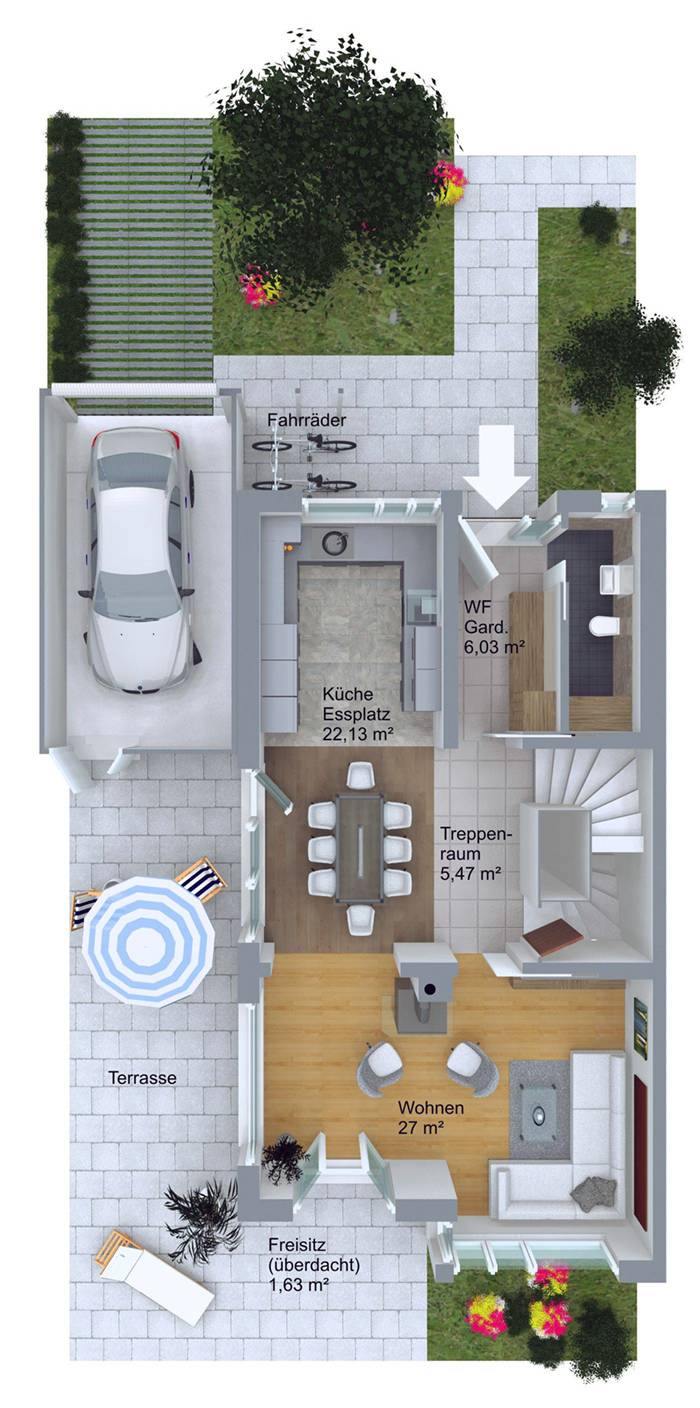 Architekturvisualisierungen von 3D Grundrissen Erdgeschoss Neubau Doppelhaushälfte für PR Immobilien / München (Jahr 2021)