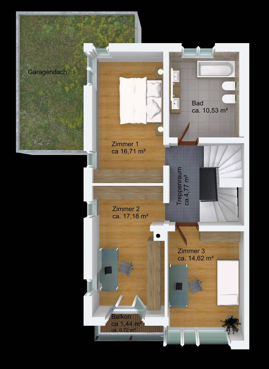 Architekturvisualisierungen von 3D Grundrissen Obergeschoss Neubau Doppelhaus für PR Immobilien / München (Jahr 2021)