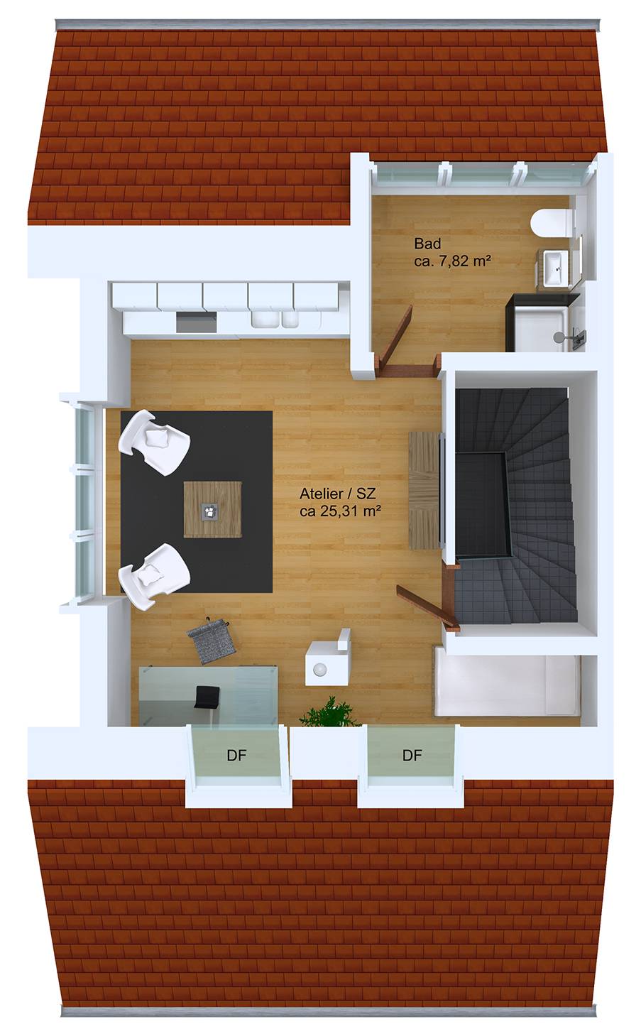 Architekturvisualisierungen von 3D Grundrissen. Zentralperspektive von oben. Dachgeschoss Neubau Doppelhaus für PR Immobilien / München (Jahr 2021)