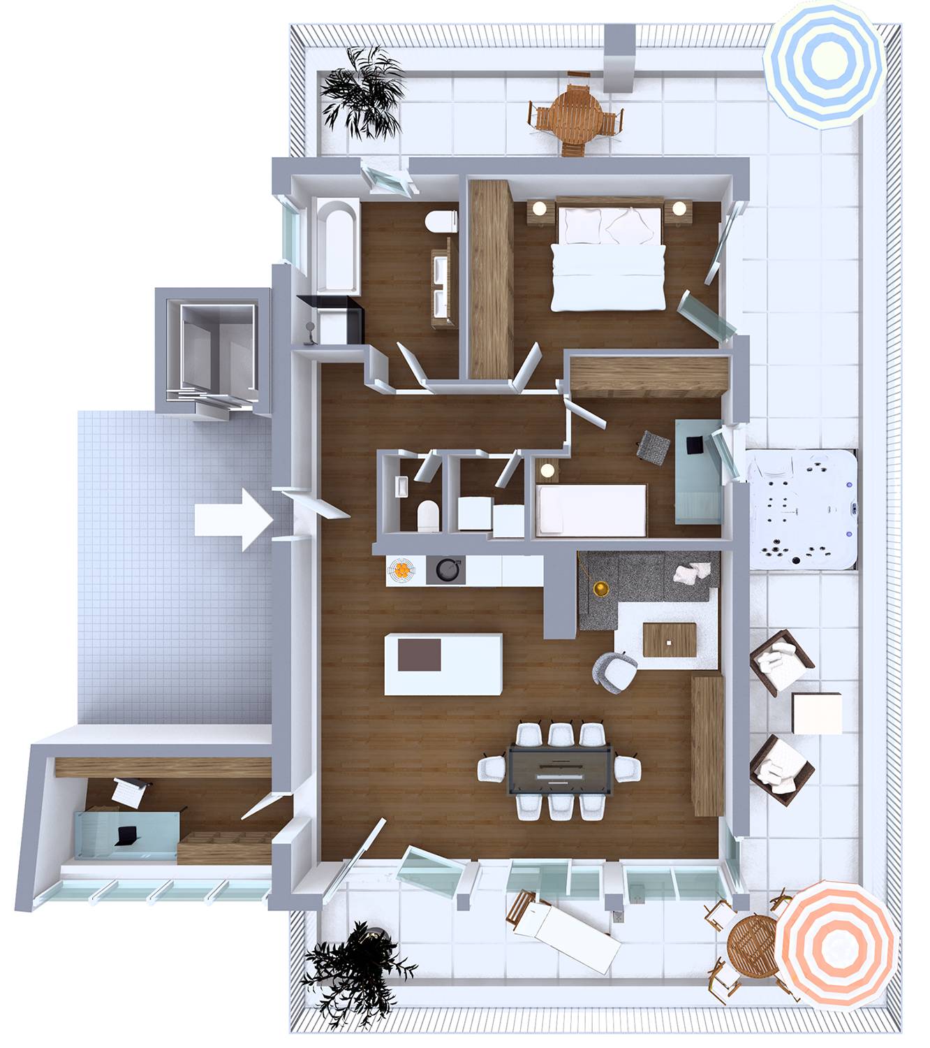 Architekturvisualisierung eines 3D Grundrisses Penthouse-Wohnung mit Terrasse für PR Immobilien / München (Jahr 2021)