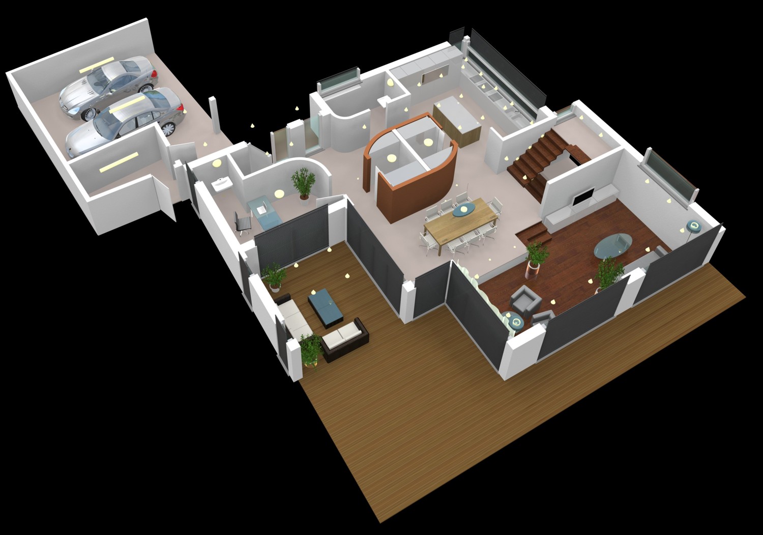 3D Architekturvisualisierung Grundriss Erdgeschoss für interaktives Touch-Display mit Licht-, Jalousien-Steuerung eines e-houses für iTrain GmbH, Switzerland (Jahr 2009)