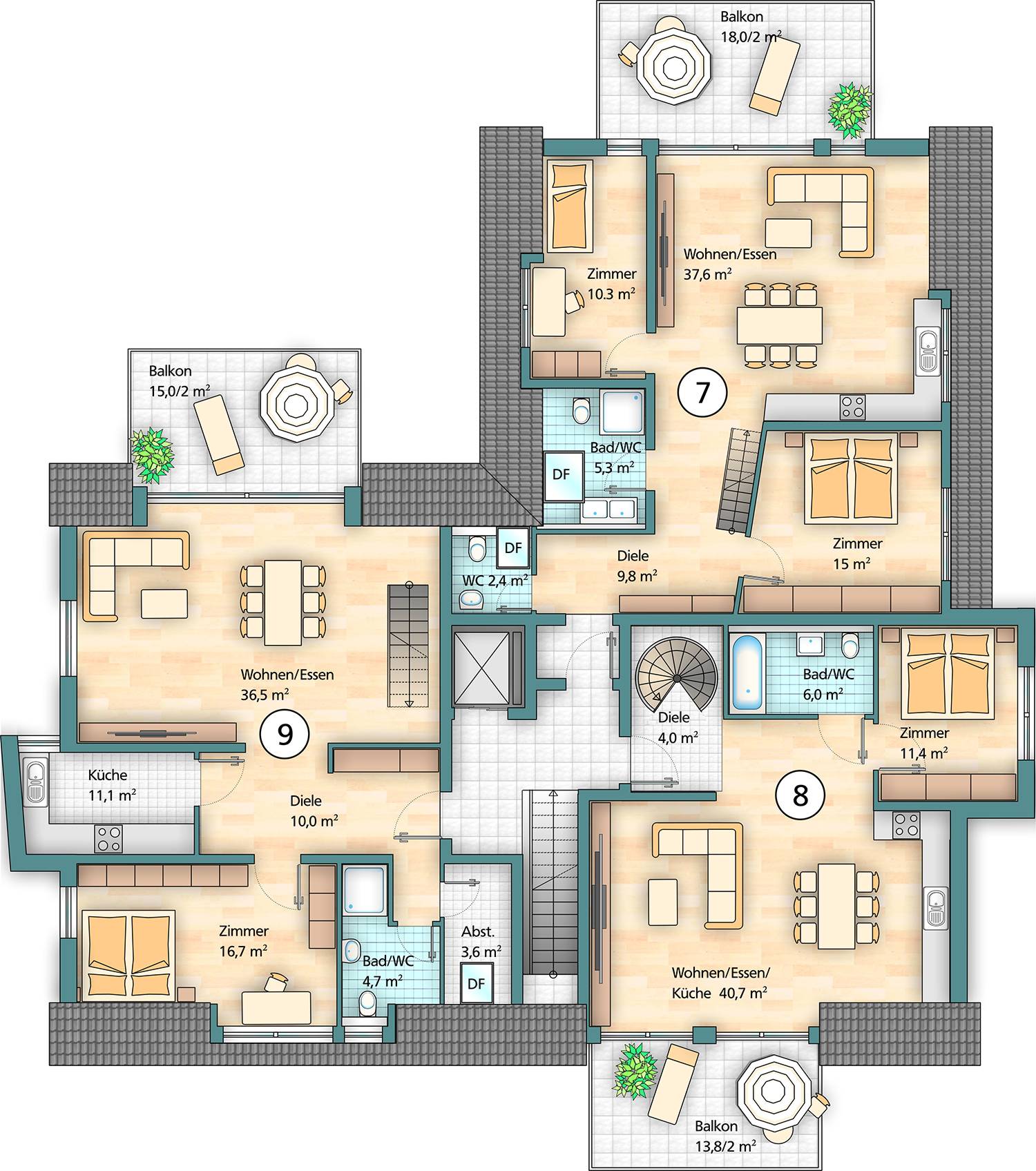 Architektonische 2D-Illustration des Dachgeschoss-Grundrisses mit Beispiel-Möblierung in einem Mehrfamilienhaus. Erstellt im Rahmen des Auftrages für 3D-Architekturvisualisierung und 2D-Grundrissillustrationen des Bauvorhabens MFH Bollengässle, Dagersheim für die Firma mmb-bauen aus Steinenbronn (aus dem Jahr 2021)