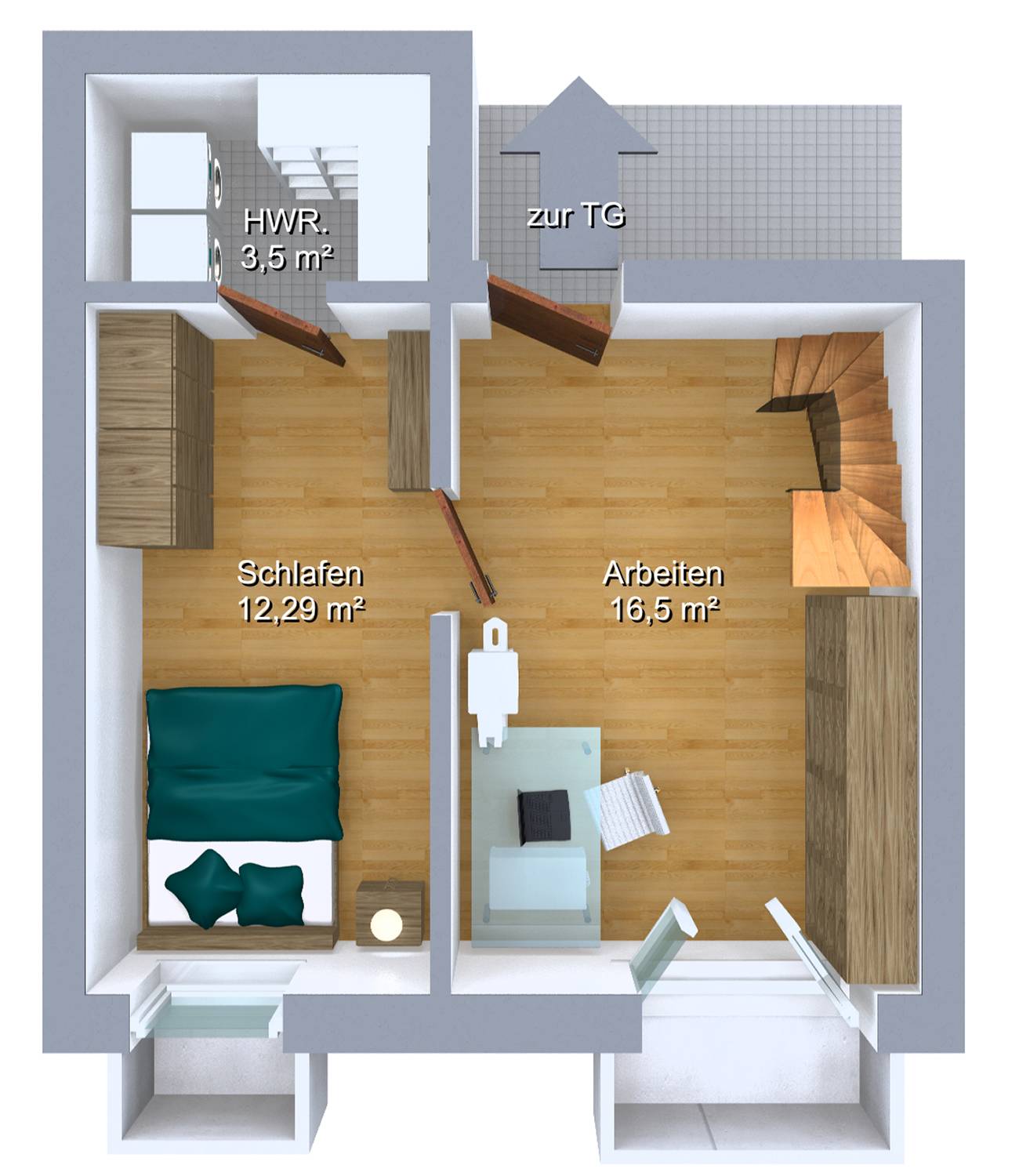 Architekturvisualisierung eines 3D Grundrisses des Untergeschosses der mittleren Wohnung eines Mehrfamilienhauses erstellt für PR Immobilien / München (Jahr 2022)