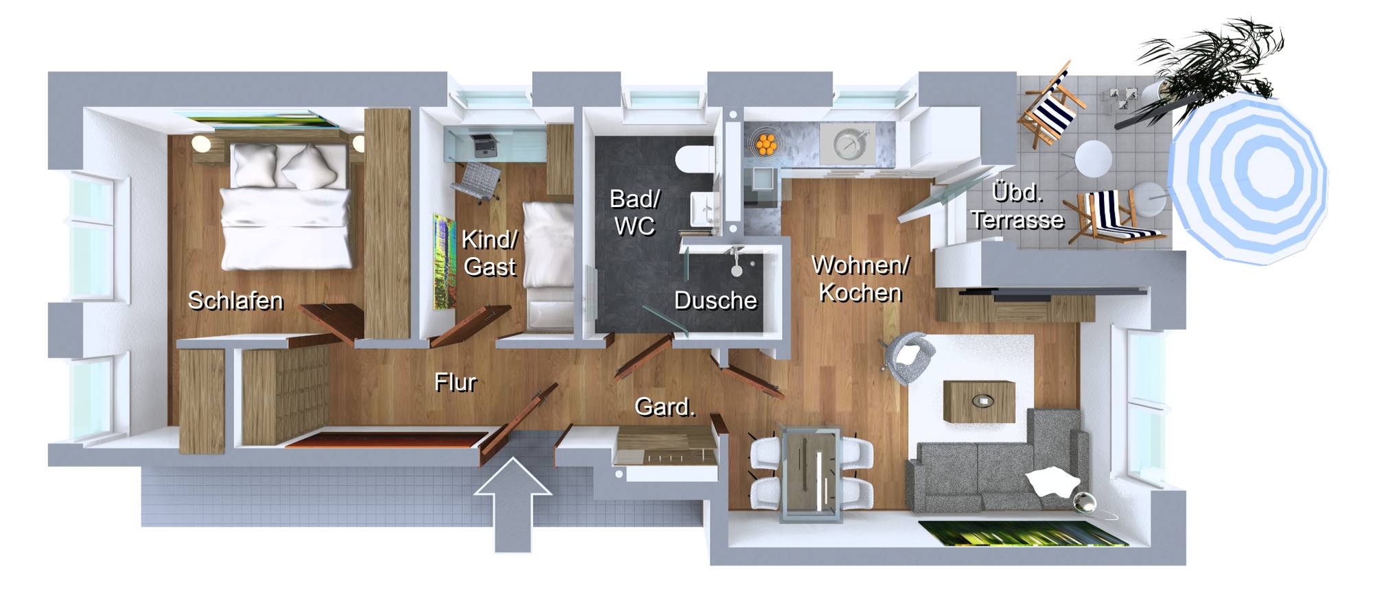 Architekturvisualisierungen der 3D-Grundrisse einer Wohneinheit mit Terrasse im Erdgeschoss eines Mehrfamilienhauses mit 6 Wohneinheiten als Frontalperspektive von oben. Objekt: MFH mit 6 WE in Kirschners Stege 11, 48249 Dümen (Jahr 2023). Erstellt für F+F Hilbers-Bau und Handelsgesellschaft mbH & Co. KG aus 48301 Nottuln.