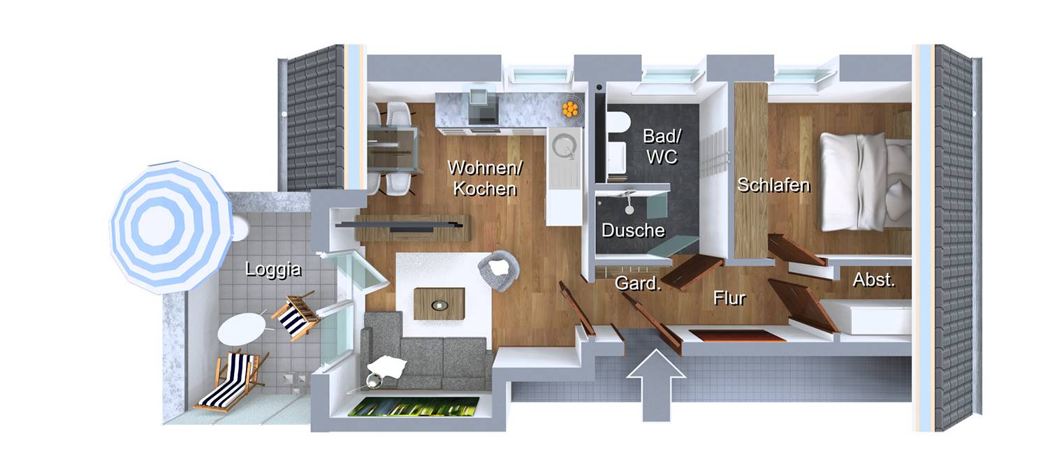 Architekturvisualisierungen der 3D-Grundrisse einer Wohneinheit mit Loggia im Dachgeschoss eines Mehrfamilienhauses mit 6 Wohneinheiten als Frontalperspektive von oben. Objekt: MFH mit 6 WE in Kirschners Stege 11, 48249 Dümen (Jahr 2023). Angefertigt für F+F Hilbers-Bau und Handelsgesellschaft mbH & Co. KG aus 48301 Nottuln