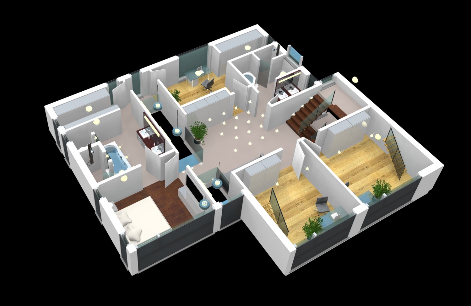 3D Architekturvisualisierung Grundriss Obergeschoss für interaktives Touch-Display mit Licht-, Jalousien-Steuerung eines e-houses für iTrain GmbH, Switzerland (Jahr 2009)
