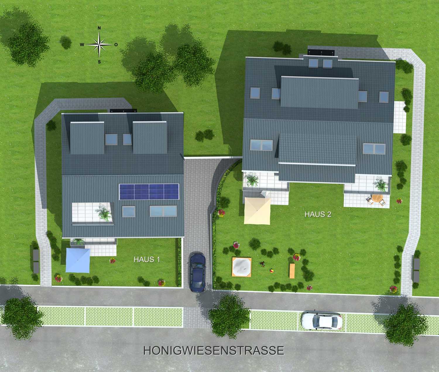 Architekturvisualisierung Lageplan / Draufsicht 3D Bauvorhaben von 2 MFH in der Honigwiesenstraße / Stuttgart für SAS Bauträger GmbH (Jahr 2011)