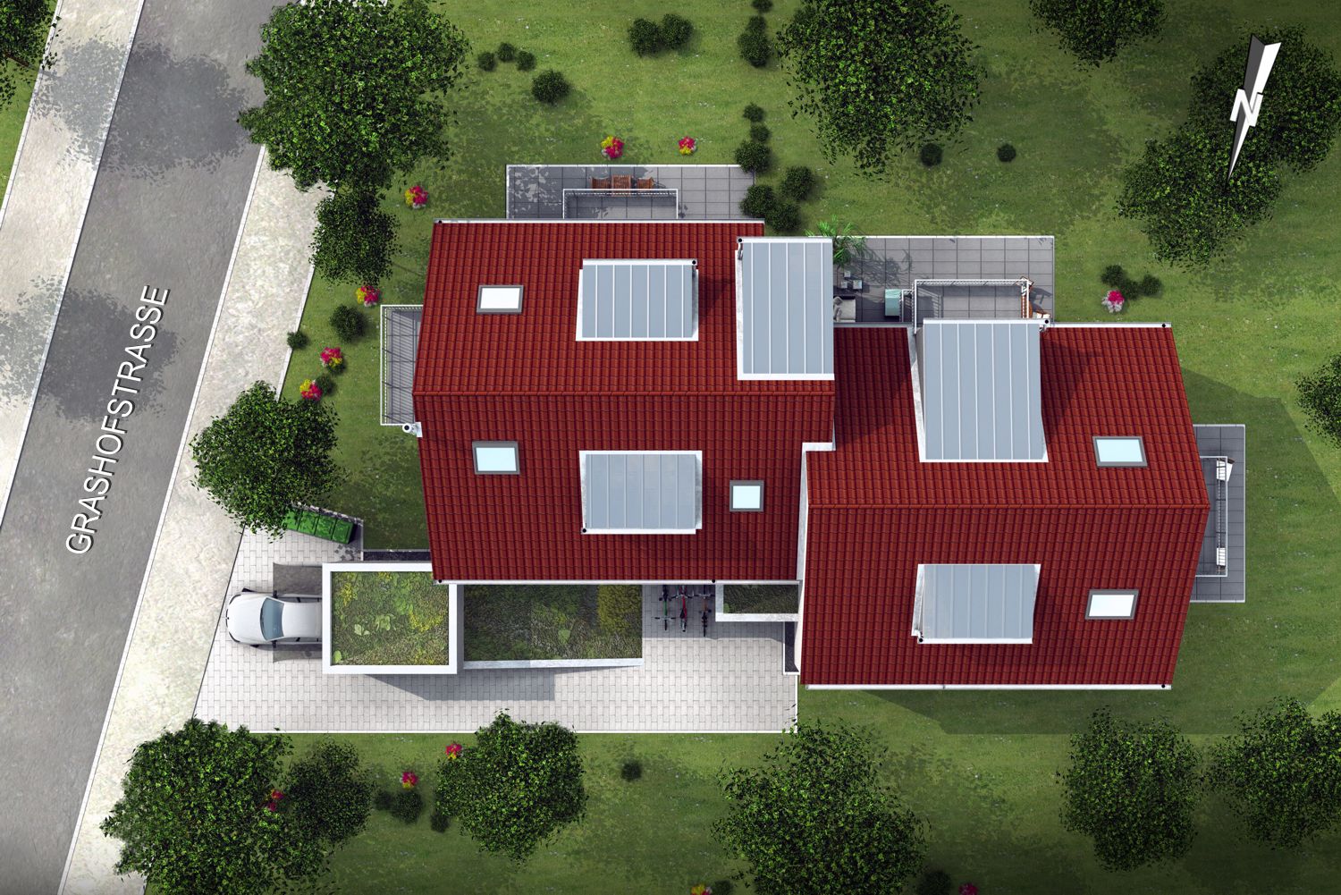 Architekturvisualisierung 3D Lageplan / Draufsicht Neubau eines Mehrfamilienhauses in Grahofstraße / München für Rebl & Penzkofer Immobilien (Jahr 2020)
