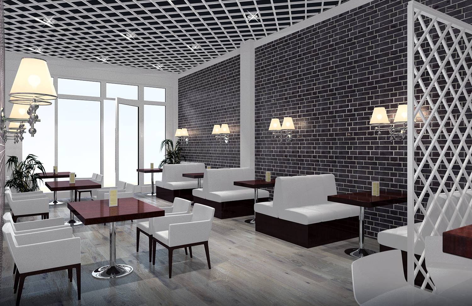 Environment-Staging der Einrichtung von Kafeteria als 3D Innenraum-Architekturvisualisierung für Gastronomie-Unternehmer in Hamburg. Erstellt im Jahre 2021.