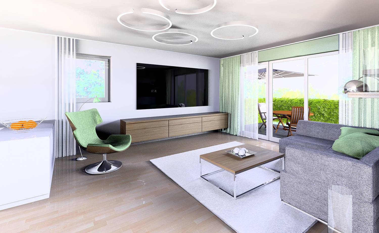 3D-Innenraumvisualiksierung des Wohn- und Essbereiches in einer Wohneinheit aus dem Projekt Errichtung von Zweifamilienhäusern mit je zwei PKW-Garagen in 52355 Düren-Gürzenich, Montessoriweg. Diese Innenraumperspektive vurde für die Firma AlBa Düren GmbH aus 52355 Düren im Jahre 2025 modelliert und gerendert. Hier der Blick auf den Wohnbereich mit dem Ausgang auf die Terrasse.