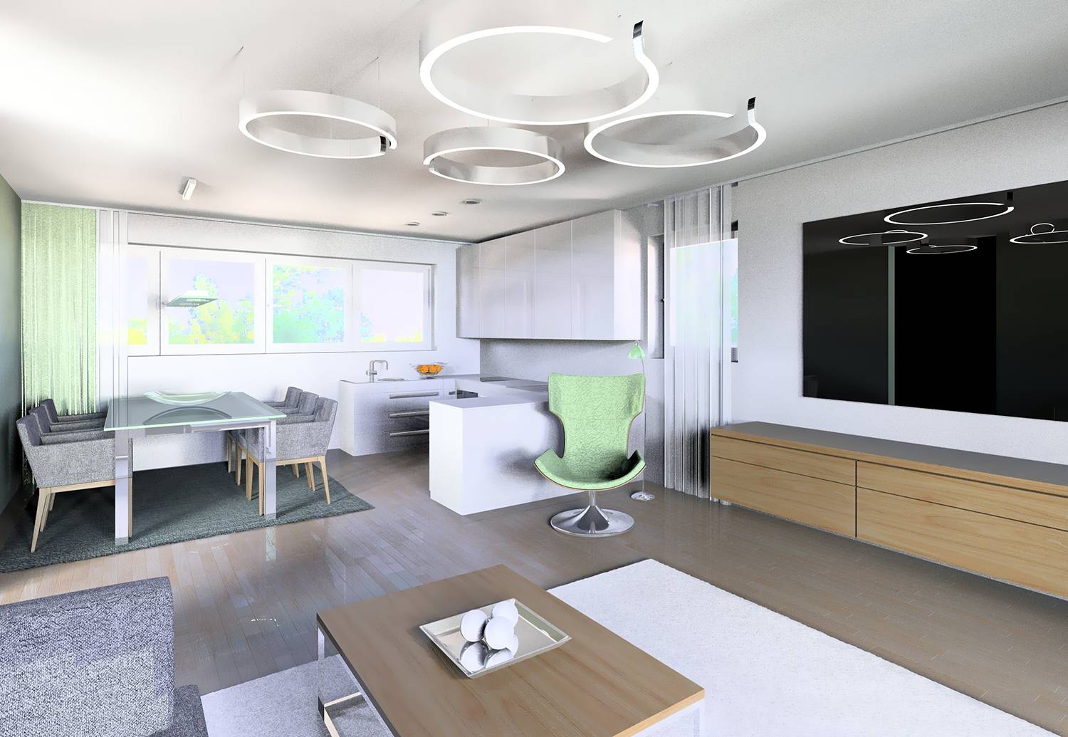 3D-Innenraumvisualiksierung des Wohn- und Essbereiches in einer Wohneinheit aus dem Projekt Errichtung von Zweifamilienhäusern mit je zwei PKW-Garagen in 52355 Düren-Gürzenich, Montessoriweg. Diese Innenraumperspektive vurde für die Firma AlBa Düren GmbH aus 52355 Düren im Jahre 2025 modelliert und gerendert. Hier der Blick auf den Koch- und Essbereich.