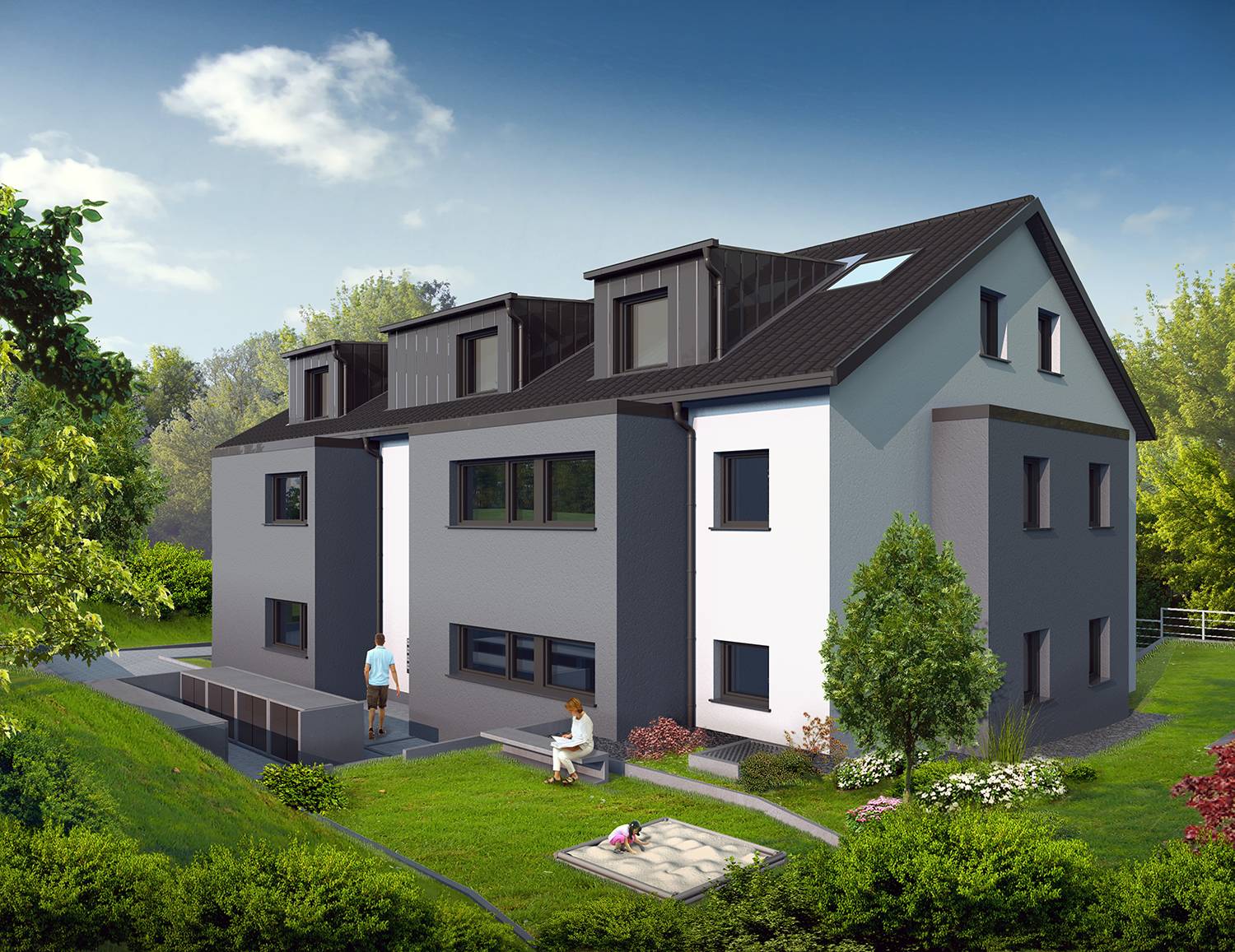 Eine 3D-Architekturvisualisierung des Entwurfes zum Neubau eines 8 Familien-Hauses, das in Kirchberger Str. 9, 71729 Erdmannhausen. Hier ist die Hofseite des Gebäudes dargestellt. Ein Teil der Freianlage und die Terrassen sind auf dem Dach der Garagenebene errichtet. Die Visualisierung dieser Perspektive ist für die Smart Living GmbH aus 71686 Remseck im Jahre 2023 visualisiert worden.