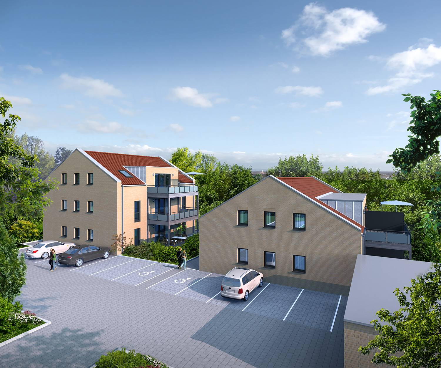 3D-Architekturvisualisierung eines Neubaus von zwei Mehrfamilienhäusern mit insgesamt 7 Wohneinheiten und Nebenanlagen Am Tannenkamp in 48465 Schüttorf. Der Auftrag wurde anhand der Pläne des Architekturbüros ck-architektur für die Firma ProQuartis GmbH aus 48527 Nordhorn im Jahre 2024 ausgeführt. Bei diesem Rendering ist die Balkonen-/Terrassenanblick auf die Gebäude dargestellt.