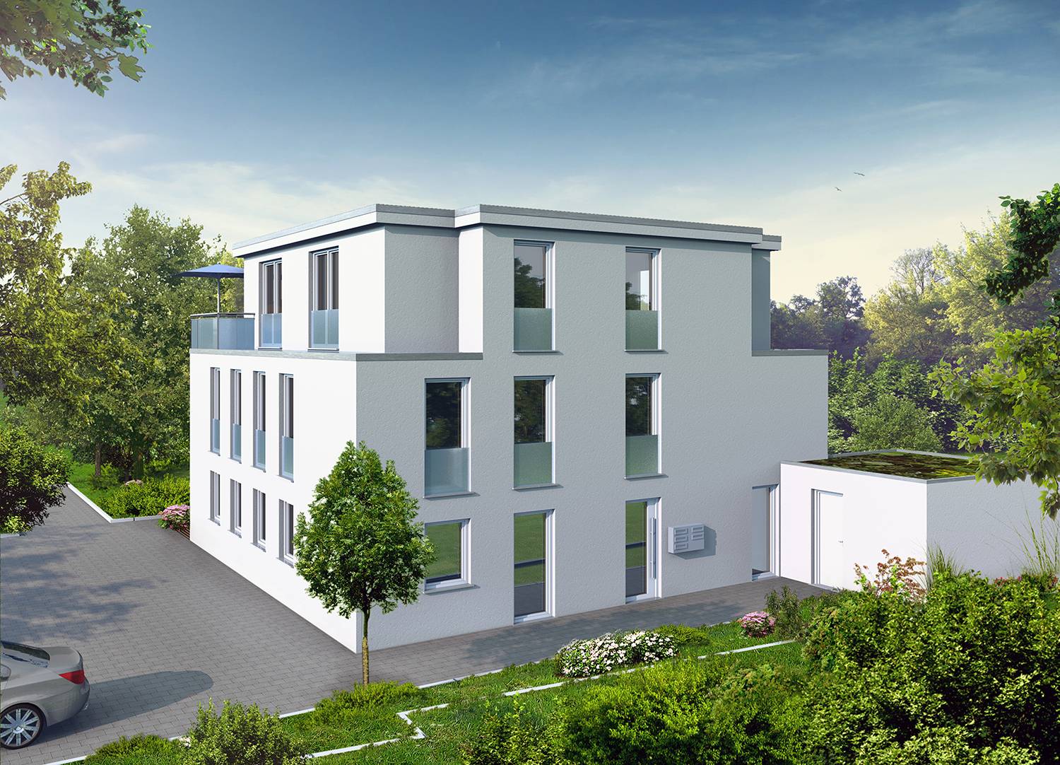 3D-Architektur-Visualisierung vom Neubau eines Mehrfamilien-Gebäudes mit 2 Garagen und Staffelgeschoss in 28201 Bremen, Hardenbergstr. 98-104. Der Entwurf wurde im Jahre 2024 für die Bau-Firma RiBA bau GmbH Bauunternehmen aus 27327 Martfeld visualisiert. Diese Darstellung bildet die Hof-Eingangssituation des Objektes ab.