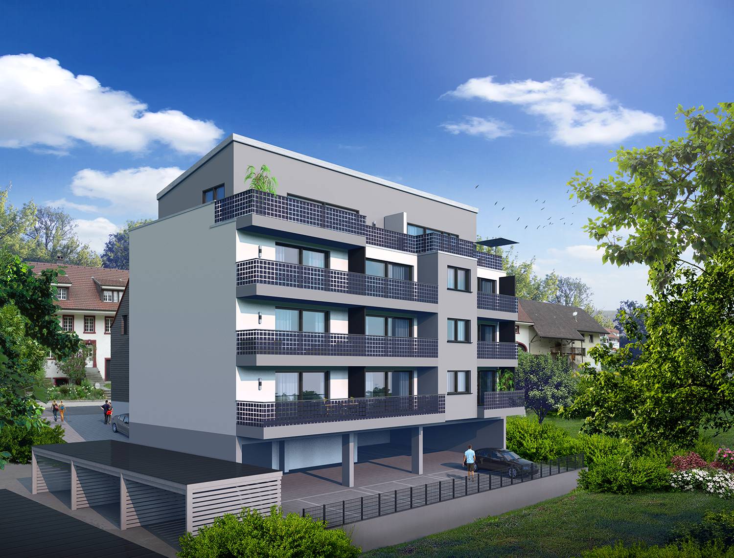 3D Architekturvisualisierung Neubau eines Mehrfamilienhauses in Bismarkstr. 43, 56470 Bad Marienberg, erstellt für Dr. Rein & Meyer GmbH aus 57627 Hachenburg. Besonderheiten dieses Projektes liegen in der Lage des Neubaus am absteigenden Gelände und in den neuartigen Photovoltaik-Anlagen integriert in die Glas-Balkongeländer (Solarglas). Hier ist die Gartenseite des Gebäudes dargestellt. Das Projekt wurde im Jahre 2023 visualisiert.