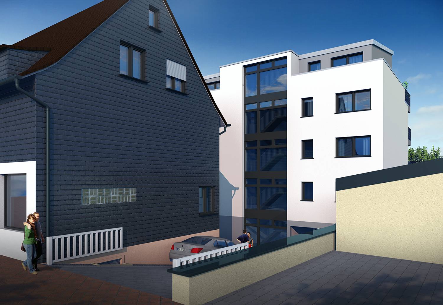 3D Architekturvisualisierung Neubau eines Mehrfamilienhauses in Bismarkstr. 43, 56470 Bad Marienberg, visualisierert für Dr. Rein & Meyer GmbH aus 57627 Hachenburg. Zu den Besonderheiten dieses Projektes zählen die Lage des Neubaus nebst Bestand und die Verwendung von modernen Solarglas-Balkongeländern. Hier ist die Straßenseite des Gebäudes dargestellt. Das Objekt wurde im Jahre 2023 visualisiert.