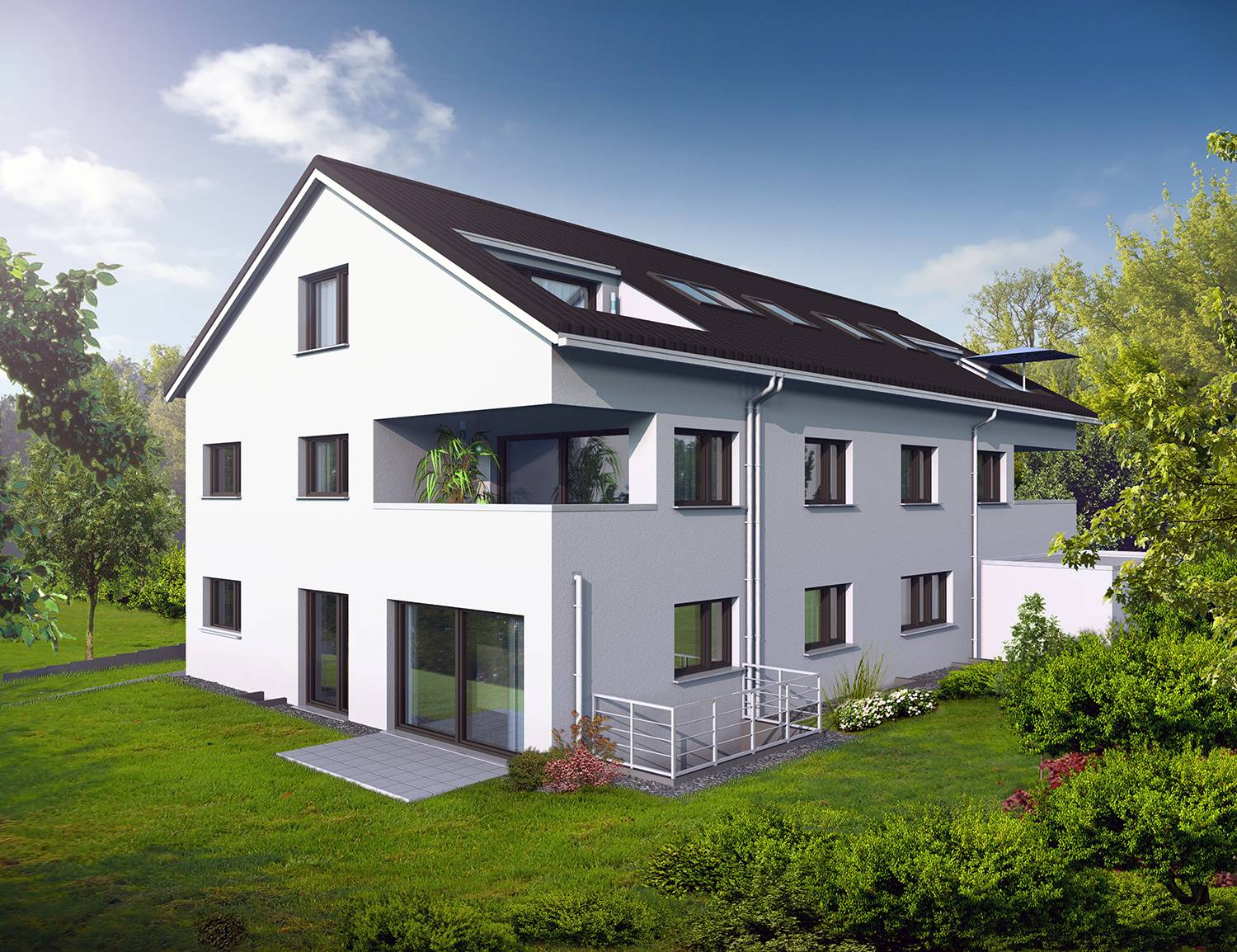 Architekturvisualisierung der Gartenansicht des Neubaus eines Mehrfamilienhauses mit 5 Wohneinheiten in Schulstraße 28, Marbach, visualisiert für die Firma B+H Hausbau GmbH aus Schumannstr. 9, 71686 Remseck im Jahre 2023. Das Gebäude wird auf einem leicht absteigendem Gelände errichtet und enthält nebst Wohnungen auch Garagen- und Stellplätze für die Einwohner.