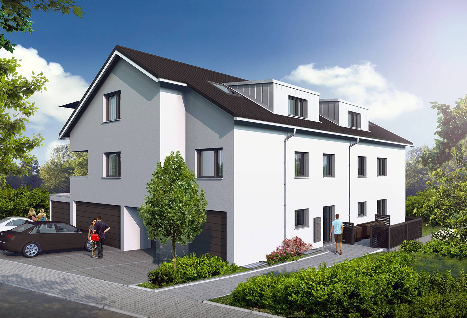 Architekturvisualisierung der Straßenansicht vom Neubaus eines Mehrfamilienhauses mit 5 Wohneinheiten in Schulstraße 28, Marbach, visualisiert für die Firma B+H Hausbau GmbH aus Schumannstr. 9, 71686 Remseck. im Jahre 2023. Das Gebäude wird auf einem leicht absteigendem Gelände errichtet und enthält nebst Wohnungen auch Garagen- und Stellplätze für die Einwohner.