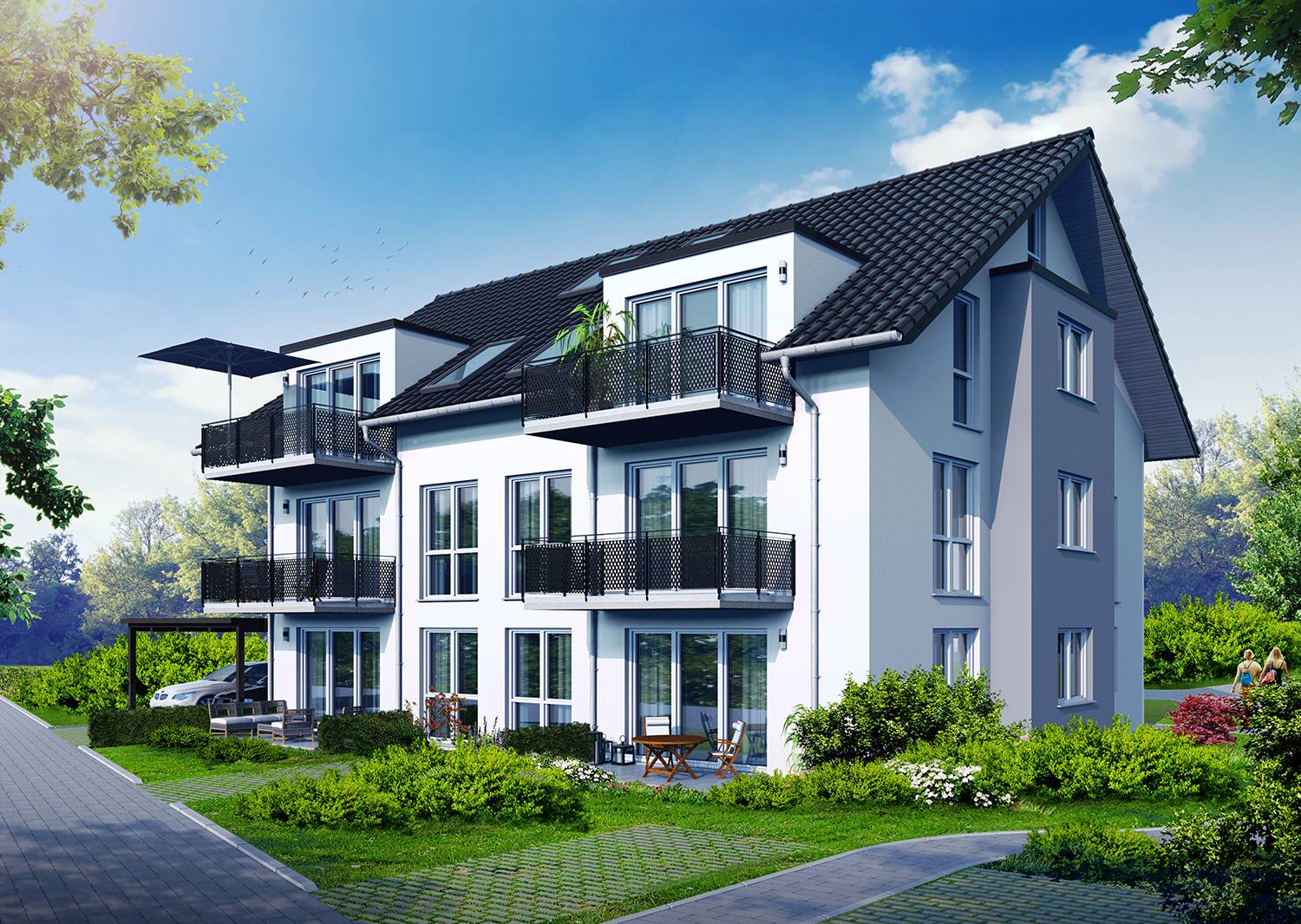 Architekturvisualisierung Süd-West-Perspektive des Bauvorhabens eines Neubaus eines Mehrfamilienhauses in Rutesheimer Str. 12, 71063 Sindelfingen. Visualisierung wurde erstellt für die Firma Bemmerer Wohnbau & Immobilien GmbH aus Neuenstein im Jahre 2023)