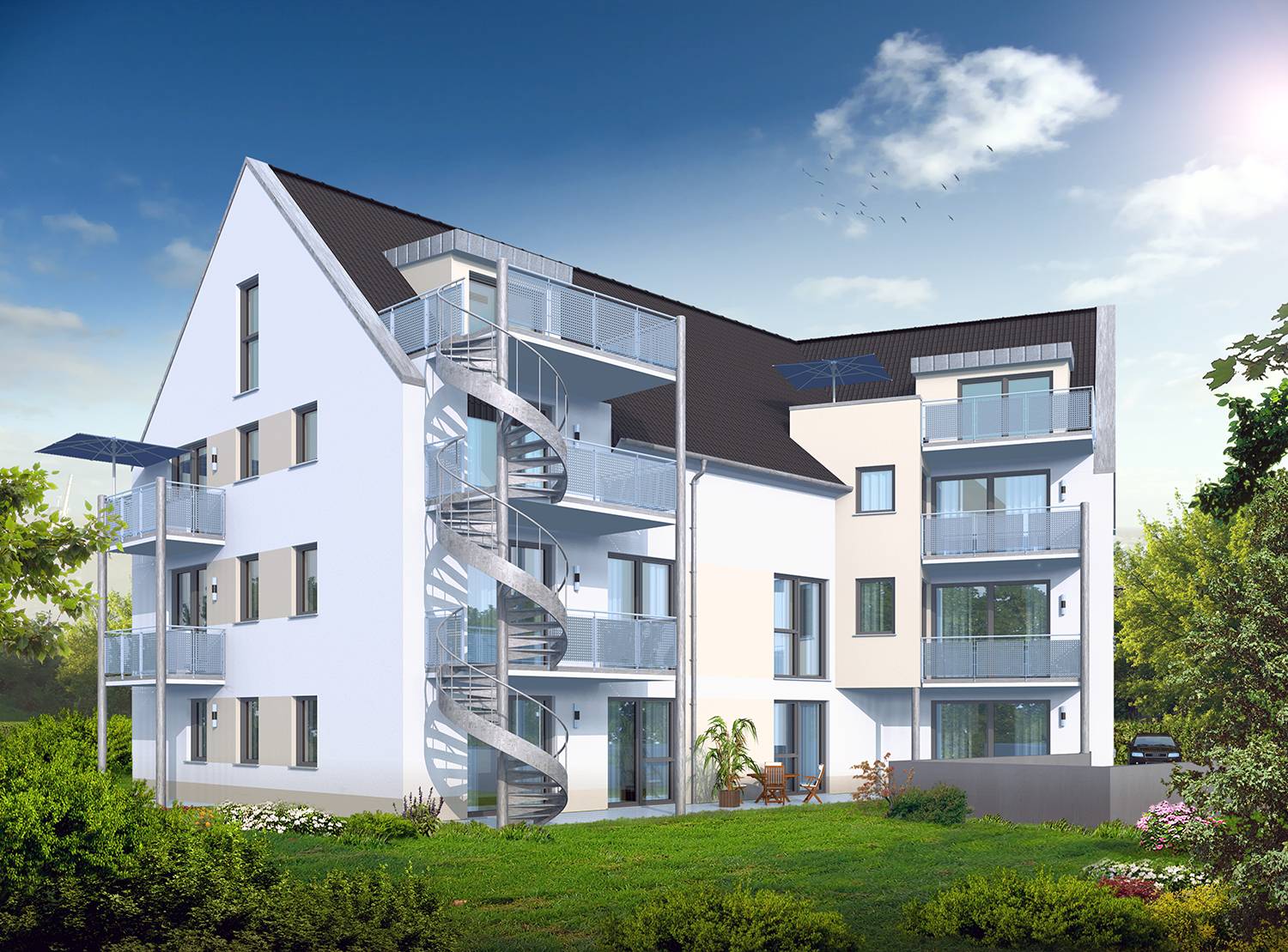 Architekturvisualisierung der Hofansicht vom Nord-Westen des Umbaus und der Sanierung von 2 Mehrfamilienhäusern in Herlikofen, Schwäbisch Gmünd. Visualisiert für die Firma Dincel Projektbau GmbH im Jahre 2022