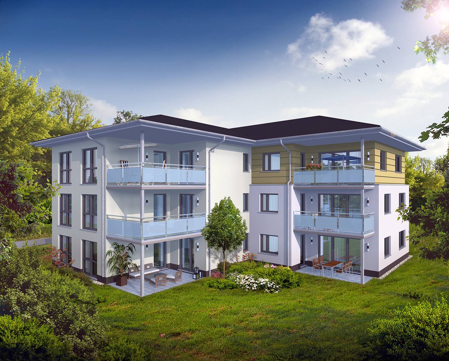 3D-Architekturvisualisierung eines geplanten Mehrfamilienhauses mit 9 Wohneinheiten in 08451 Crimmitschau, Glauchauer Landstraße. Auftraggeber dieser Architekturvisualisierung - Ingenieurbüro Kreatives Bauen aus 08058 Zwickau. Visualisierung wurde im Jahre 2022 erstellt