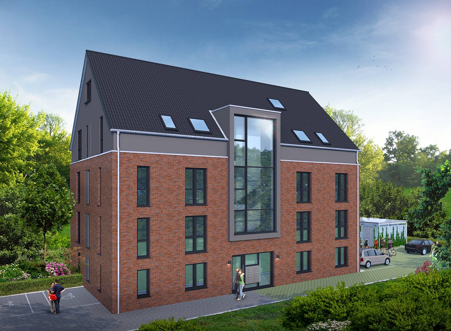 Architekturvisualisierungen Eingangsfassade eines Neubaus des Mehrfamilienhauses mit 11 WE und Abstellräumen in Kirchweg 65, 24558 Henstedt-Ulzburg. Visualisierung wurde für die Immobilien-Firma ProQuartis GmbH aus 48527 Nordhorn im Jahre 2022 angefertigt.