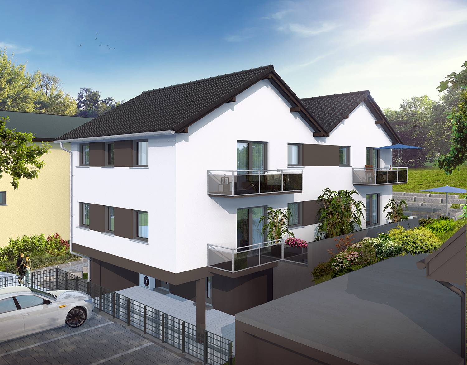 3D-Architekturvisualisierungen der Terrassen und Balkonen Seite des Neubaus eines 3-Familenhauses in Sebastian Kneipp Str. 28, 57627 Hachenburg. Visualisierungen erstellt für die Dr. Rein & Meyer GmbH im Jahre 2022.