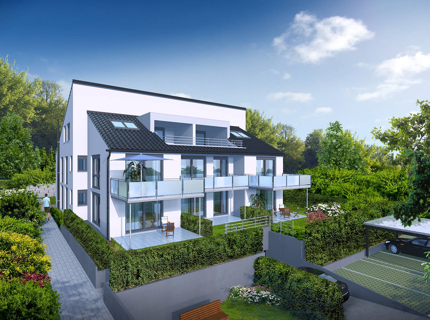 3D-Visualisierungen des Neubaus eines Mehrparteienhauses mit 8 Wohneinheiten, einer Tiefgarage und Carports mit Stellplätzen in Johannesstraße 93, 73614 Schorndorf. Produziert für Pfander Immobilien Office aus 71404 Korb im Jahre 2022.