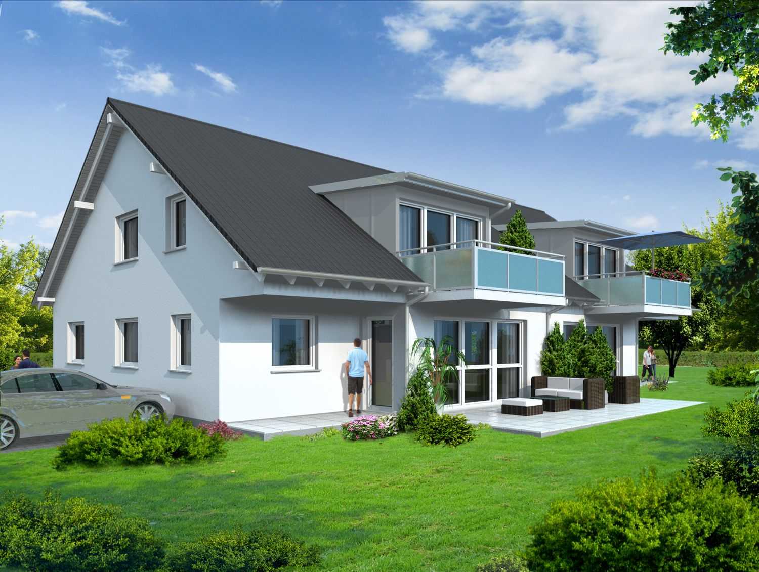 3d-Architekturvisualisierungen Neubau eines Doppelhauses (hier Terrassenseite), für FB Projekt-Management GmbH aus 72417 Jungingen (Jahr 2014)