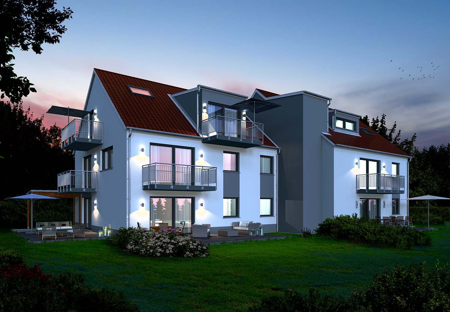 3D Architektur Visualisierung Nachtansicht Terrassen-Balkonenseite Neubau Mehrfamilienhaus Rebl & Penzkofer Immobilien | Grashofstr. 23, 80995 München (Jahr 2020)