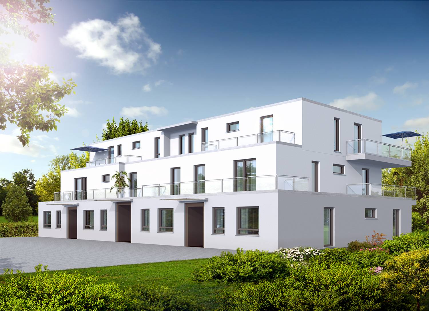 3D-Architekturvisualisierungen Entwurf Mehrfamilienhaus: Hier abgebildet die Eingangsseite, erstellt für OBS-Teccadus GmbH (Jahr 2021)