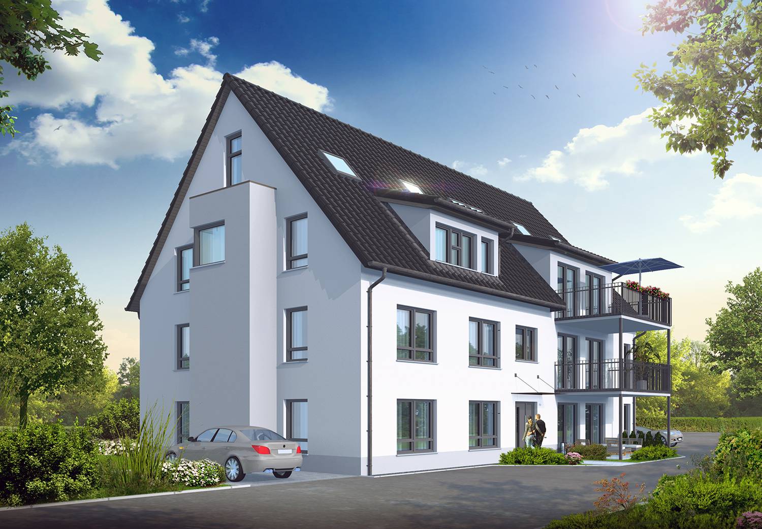 3D-Architekturvisualisierung/en Perspektive Eingangsseite Mehrfamilienhaus. Erstellt im Rahmen des Auftrages für 3D-Immobilien-Visualisierungen und 2D-Grundrissillustrationen des Bauvorhabens MFH Bollengässle, Dagersheim für die Firma mmb-bauen aus Steinenbronn im Jahre 2021