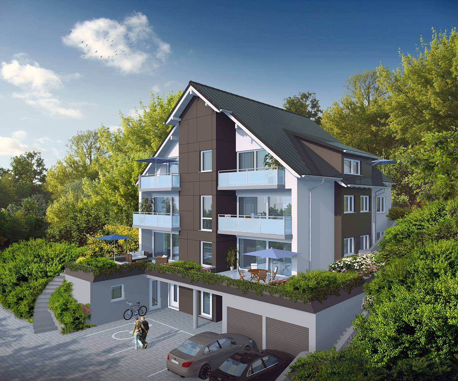 3D-Visualisierungen eines architektonischen Entwurfes von Neubau eines 5 Familienhauses mit Garagen in Hanglage. Objektlokation in 77830 Bühertal. 3D-Rendering inklusive Retusche und Korrekturen beauftragt von DomConcept GmbH aus 76537 Sinzheim im Jahre 2021