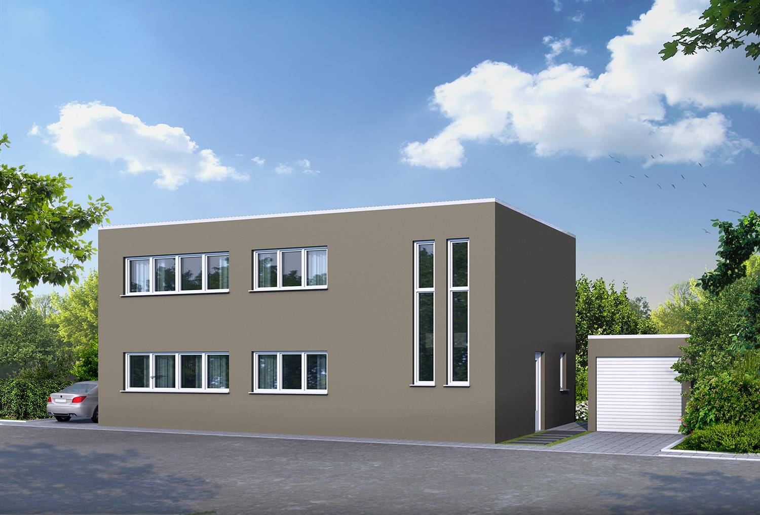 3D-Architekturrendering der Straßenperspektive der Neuerrichtung eines Zweifamilienhauses mit Flachdach in 52355 Düren-Gürzenich, Montessoriweg. Die perspektivische Ansicht der Straßen- und Gartenseiten des 2-Familienhauses wurde im Jahre 2025 von der Firma AlBa Düren GmbH aus 52349 Düren bestellt.