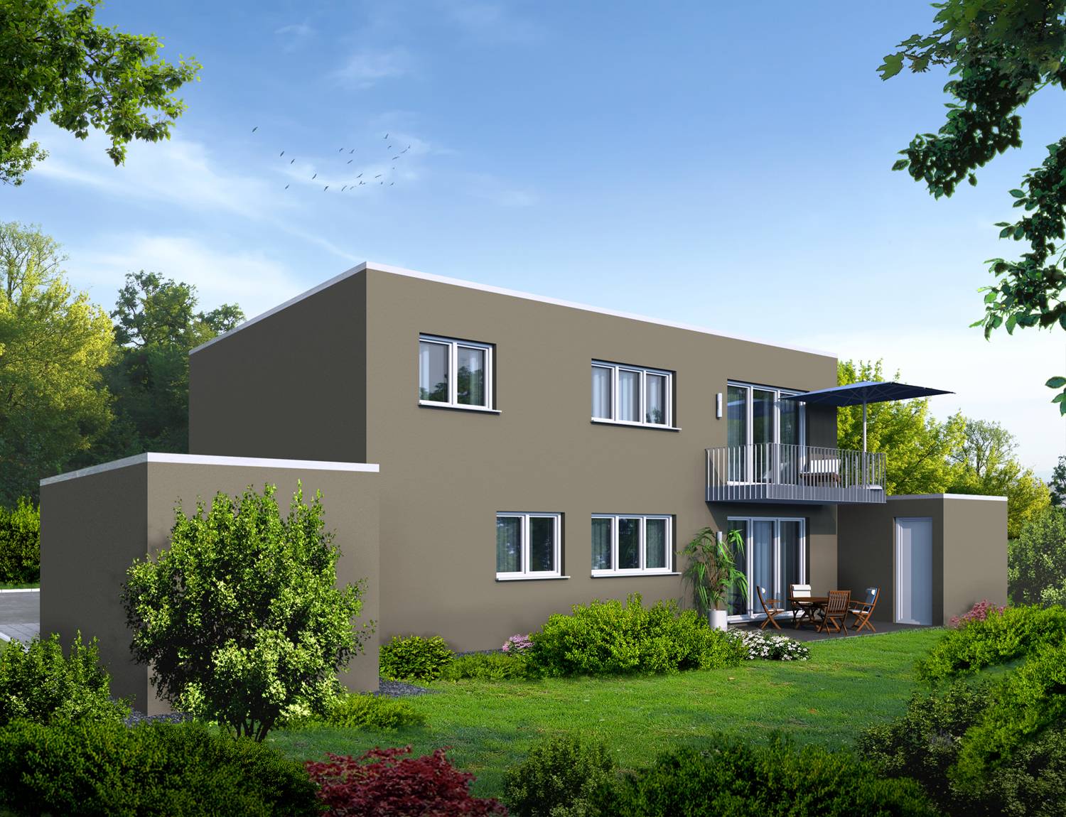 3D-Architekturrendering der Gartenperspektive der Neuerrichtung eines Zweifamilienhauses mit Flachdach und Garagen in 52355 Düren-Gürzenich, Montessoriweg. Die perspektivische Ansicht der Garten- und Straßenansichten dieses 2-Familienhauses wurde im Jahre 2025 von der Firma AlBa Düren GmbH aus 52349 Düren beauftragt.