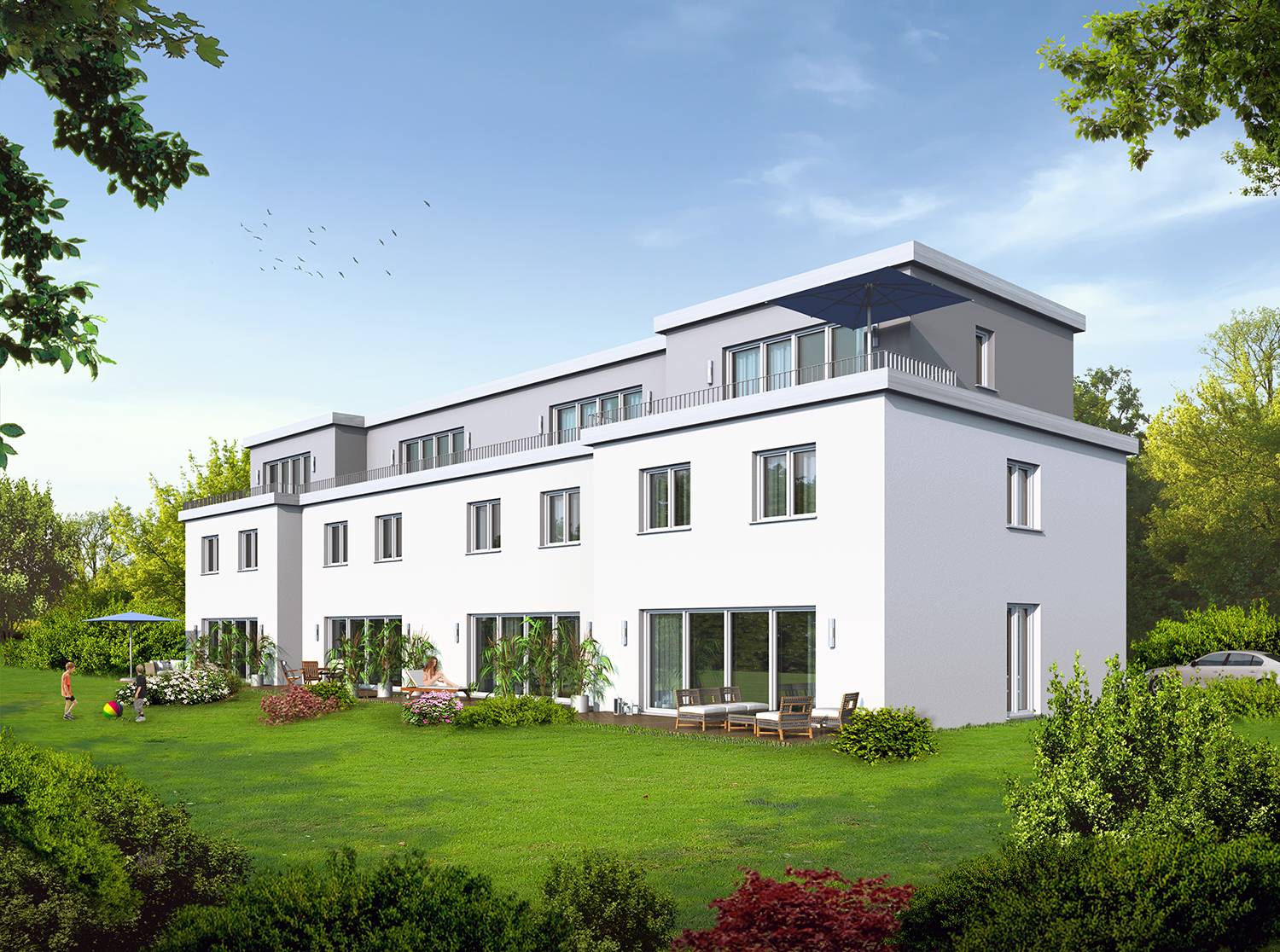 Perspektivische Ansicht der Gartenseite mittels einer 3D-Visualisierung von vier Reihenhäusern mir zwei Vollgeschossen und einem Staffelgeschoss. Diese Architekturvisualisierung wurde von rck-finanzmakler aus 42657 Solingen im Jahre 2025 bestellt und von 1Archivisio angefertigt.