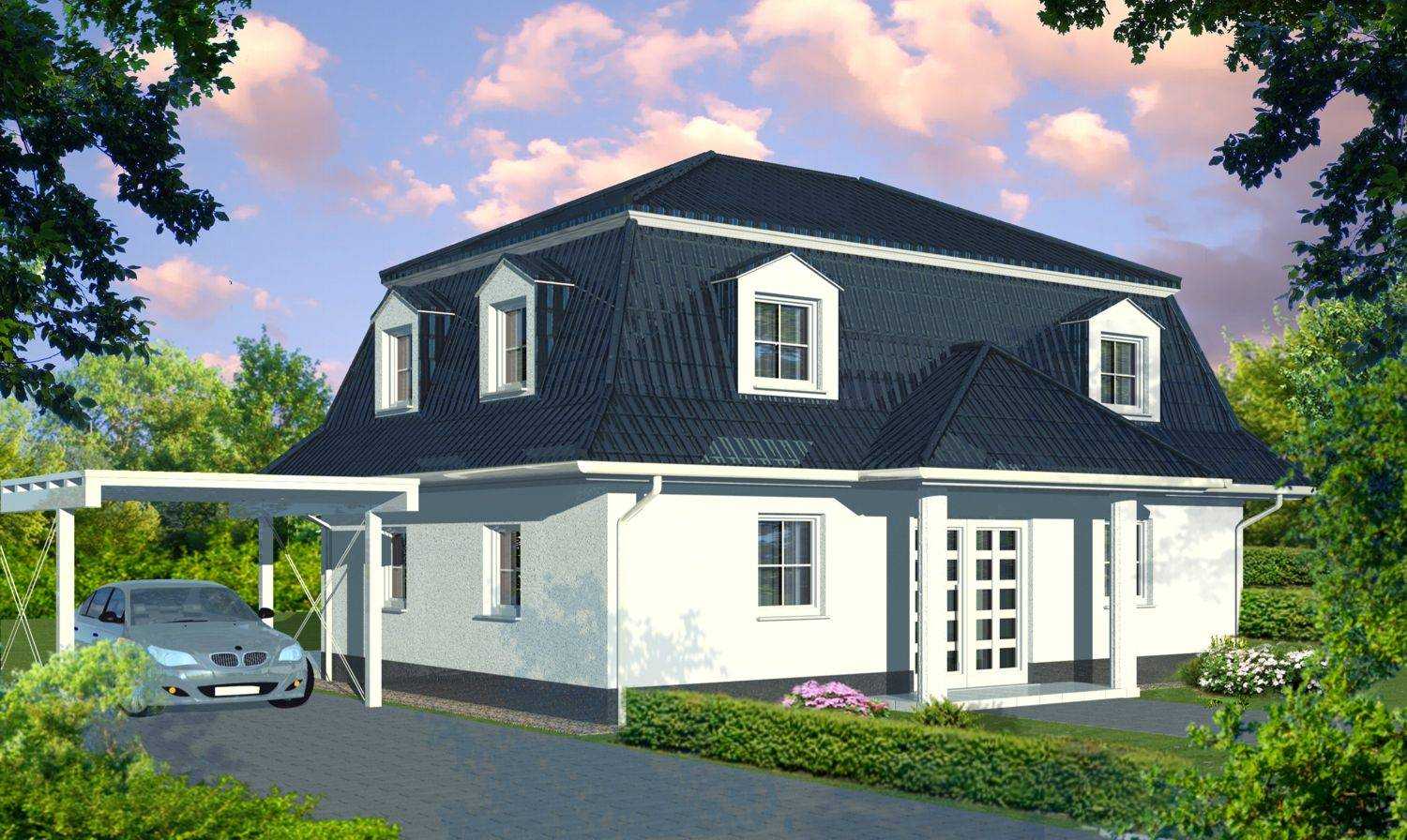 3D-Architektur-Visualisierung einer exklusiven Mansarden-Dach-Villa  mit Carport für die Firma RICHTER HAUS GMBH (Jahr 2009)