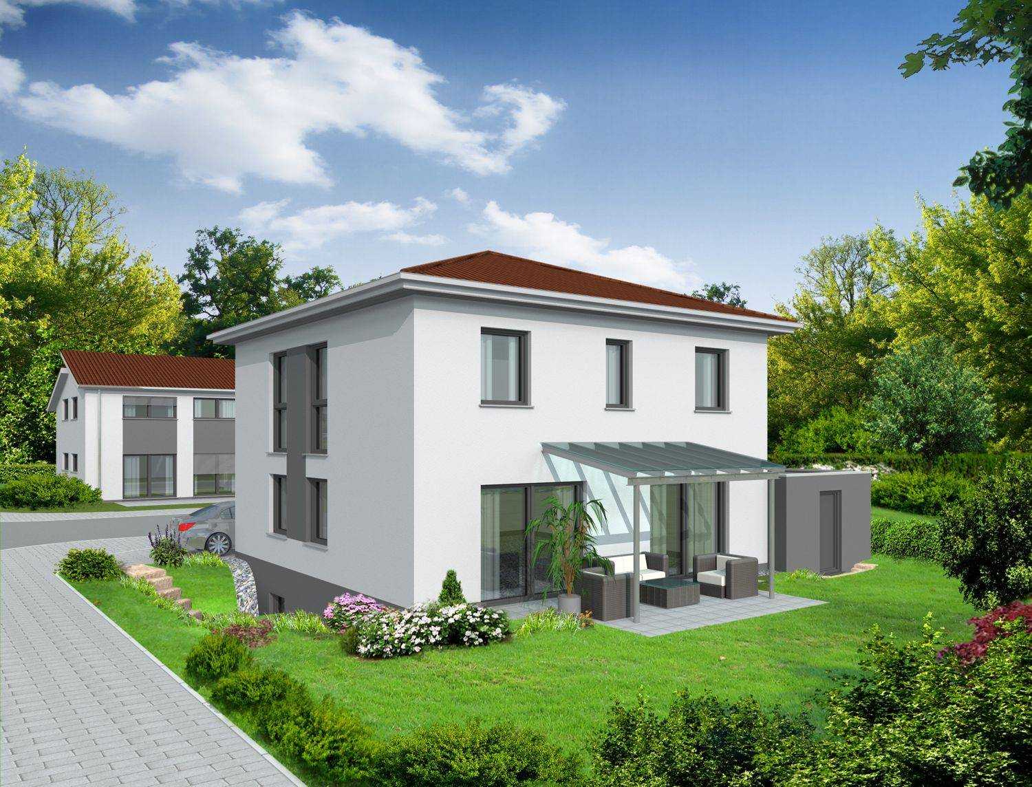 3D-Architekturvisualisierung eines Einfamilienhauses mit überdachter Terrasse und Garage für AKIDE Wohnbau GmbH aus Neckarsulm (Jahr 2014)