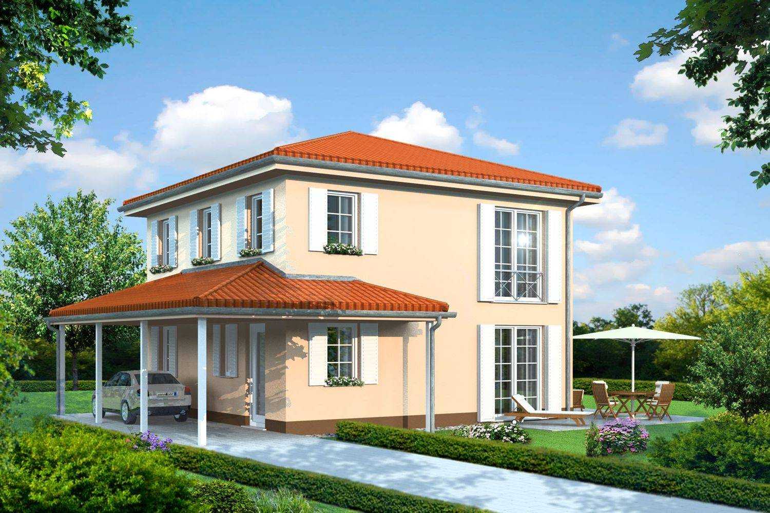 Architekturvisualisierung mediterrane Villa mit integriertem Carport, Sprossenfenstern und Flügel-Fensterläden für Bauideen21 GmbH (Jahr 2009)