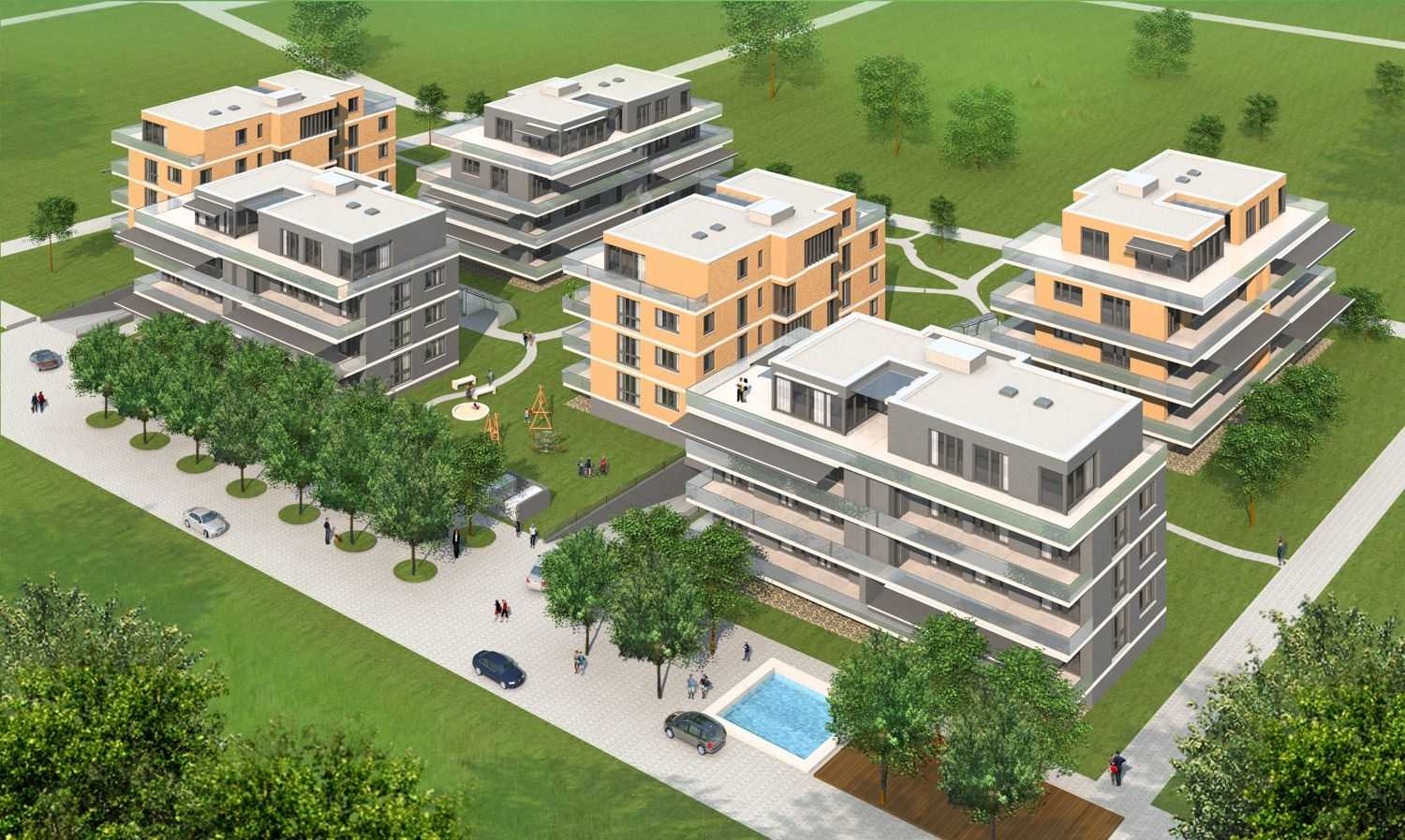 3D Architekturvisualisierung Vogelperspektive Neubau Park-Residenz für PW Immobili Sagl in 6600 Muralto / Schweiz (Jahr 2009)