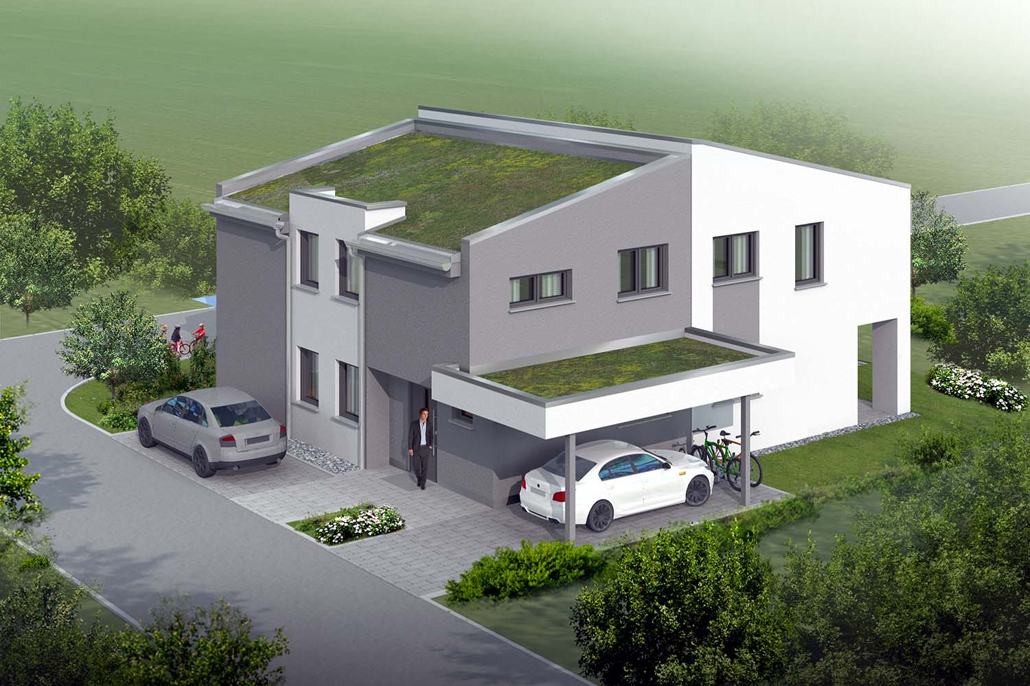 3D Architekturvisualisierung Vogelperspektive  Eingangsseite von 2 Doppelhaus Hälften mit Carport, in Deufringer Str., Lammtal - Gärtringen, für Architekturbüro Architektur+Planen Schedl GmbH / 71139, Ehningen (Jahr 2016)