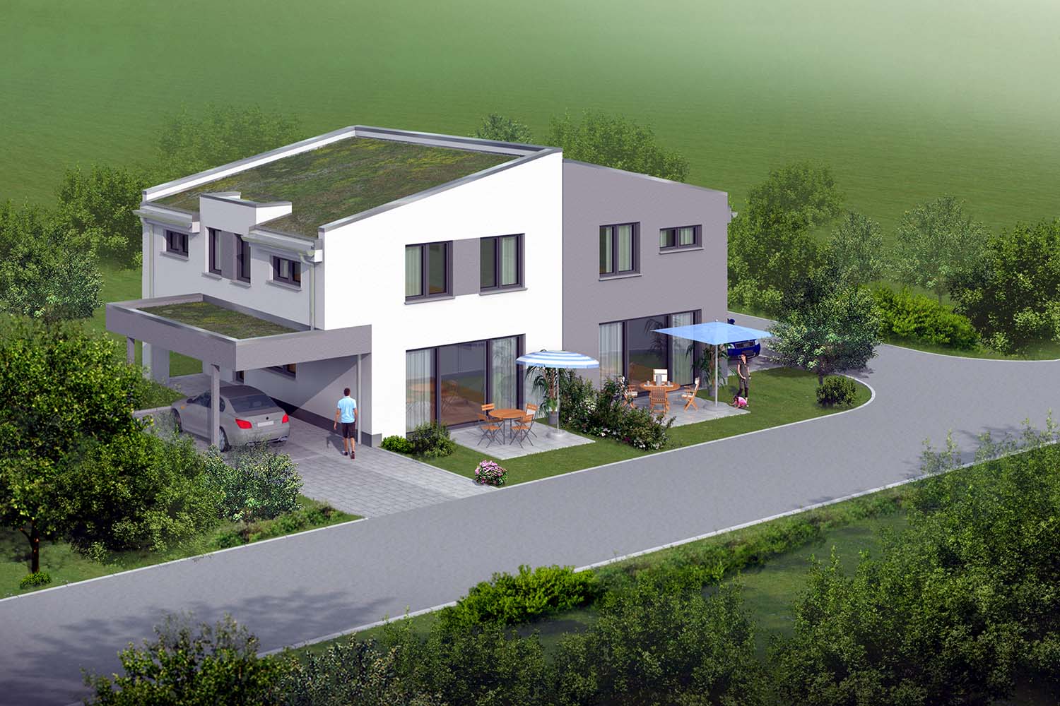 3D Architekturvisualisierung Vogelperspektive Terrassenseite Doppelhaus mit Carport, in Deufringer Str., Lammtal - Gärtringen (2016)