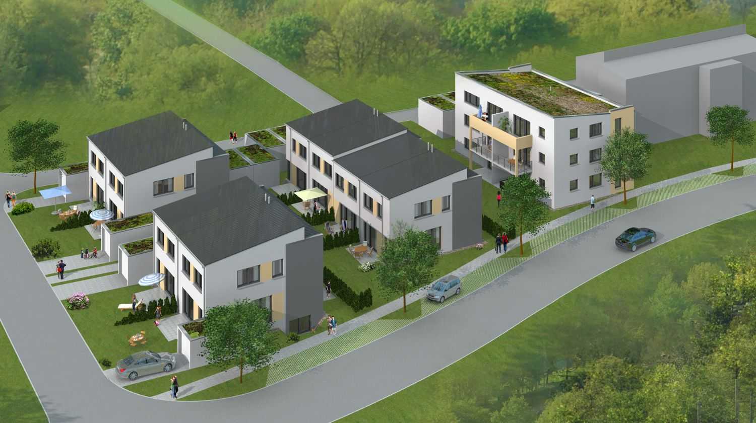 Rendering und Retusche der 3D-Architektur-Visualisierung der Vogelperspektive der Bebauung in Wutachweg, Ehningen. Erstellt für Architektur + Planen Schedl GmbH aus Ehningen (Jahr 2013)