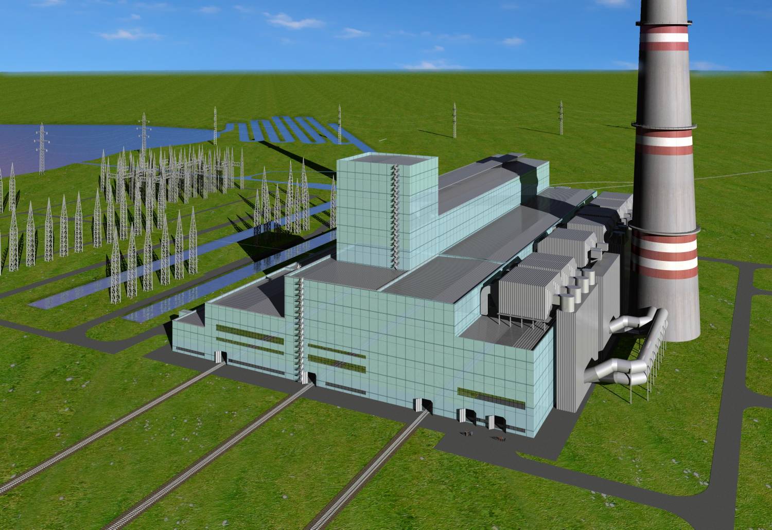 Vogelperspektive aus Süd-Osten einer Architektur-Visualisierung des Wärmekraftwerkes GRES-3 in Ekibastus/Kasachstan für Präsentation des Entwicklungsinstitutes (Jahr 2007)