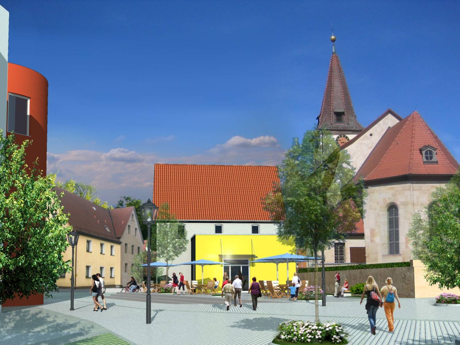 Architektur-Visualisierung in 3D Zentralperspektive der Ost-Ansicht von Neugestaltung Kirchplatz und Gemeindegebäude in Reichenschwand für Weber + Lang Architekten GmbH aus 91217 Hersbruck (Jahr 2009)