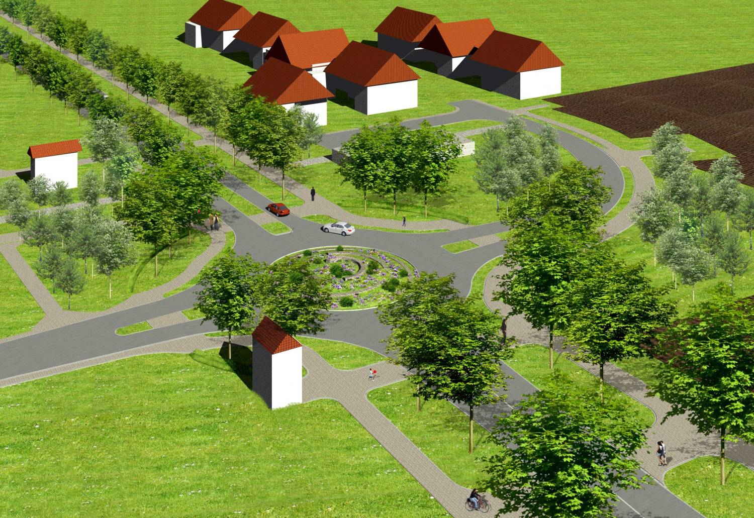 3D Architekturvisualisierung Straßenkreuzung, Verkehrsinsel