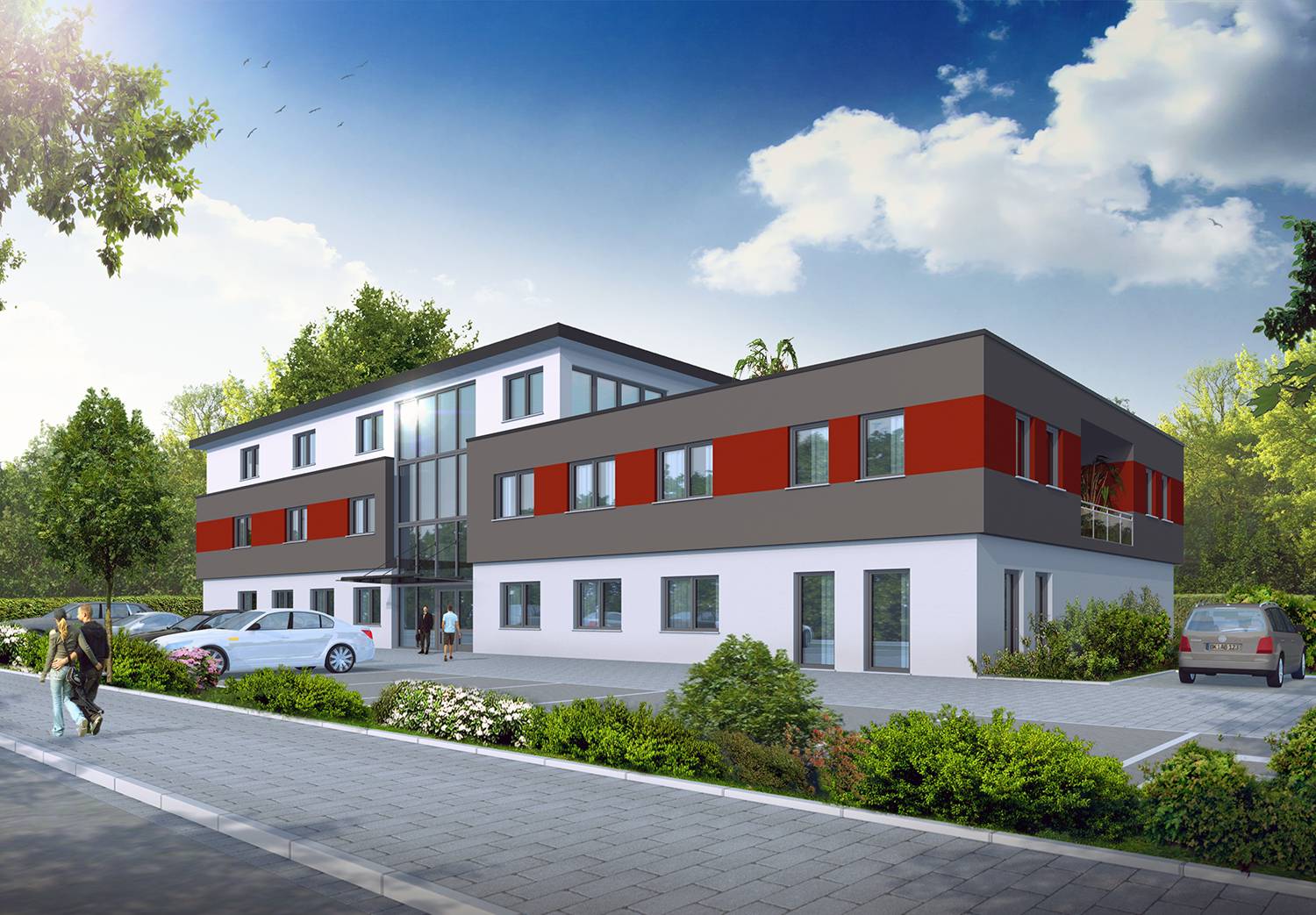 3D Architektur-Visualisierung: Errichtung des DRK Vewaltungs-Wohngebäudes in 08412 Werdau, visualisiert im Rahmen der Beauftragung durch die Firma Ingenieurbüro Kreatives Bauen aus Zwickau (Jahr 2021)