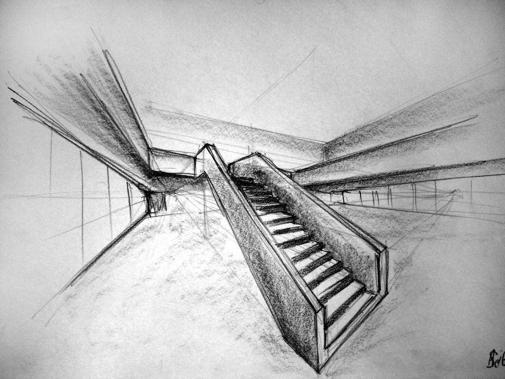 2 Fluchtpunkt-Architekturzeichnung einer massiven Gebäude-Treppe (Jahr 1999)