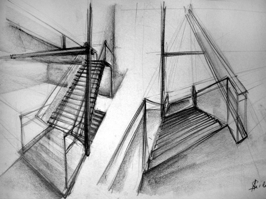 Studienskizze: Fluchtpunkt-abhängige Verzerrung einer perspektivischen Darstellung einer Trappenkonstruktion (Jahr 1998)