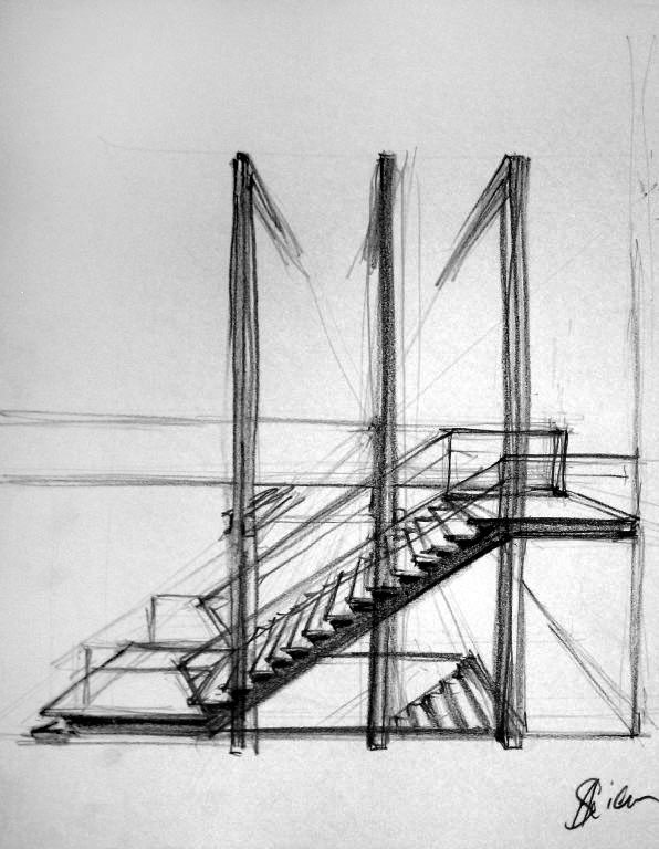 Architektur-Zeichnung Zentralperspektive-Studie  der Seitenansicht einer Treppe (Jahr 1999)